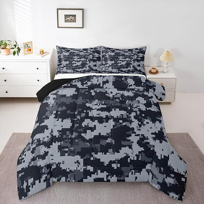 Gray Pixelated Miners Gamer Kids Bedding Sets Cartoon Style Video Games Reversible Comforter for Boys Black Checkered Grid Quilt Set Soft Duvet Insert,1 Pillowcase Toddler Size