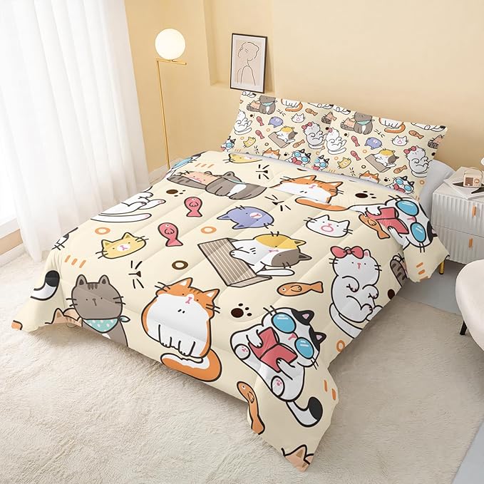 QOOMO Kawaii Cat Comforter Queen,Kawaii Animals Comforter Set for Kids Teens Girls,3Pcs Bedding Set Printed Comforter with 2 Pillowcases,Down Alternative,Soft and Lightweight，Queen Size