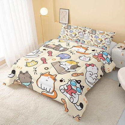 QOOMO Kawaii Cat Comforter Full,Kawaii Animals Comforter Set for Kids Teens Girls,3Pcs Bedding Set Printed Comforter with 2 Pillowcases,Down Alternative,Soft and Lightweight，Full Size