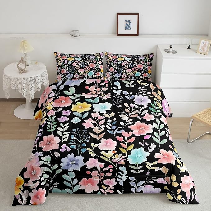 Erosebridal Black Floral King Comforter Set,Cute Pink Flower Boho Bedding Set for Girls Women,Colorful Flowers Wildflower Quilt,Botanical Plant Leaves Bedroom Decor,2 Pillowcases Breathable