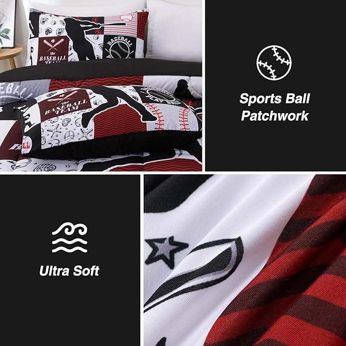 A Nice Night Sports Geometric Grid Black Patchwork Baseball Printed for Boys Twin 6Pcs Bed in A Bag Comforter Bedding Set, Red