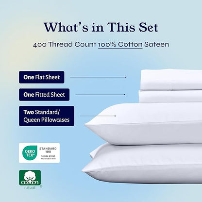 California Design Den Natural 100% Cotton Sheets Queen Size Bed Set - Soft 400 Thread Count Sateen, Queen Sheets, Deep Pockets with All Around Elastic for a Snug Fit, Durable Bedding - White