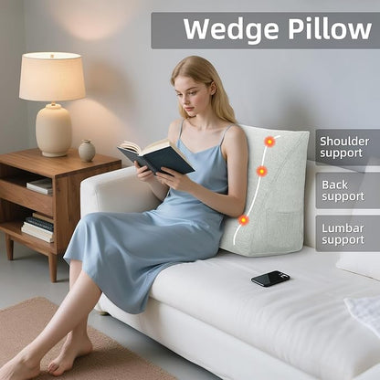 Wedge Headboard Reading Pillow for Bed Linen Triangular Backrest Bolster Pillow for Sitting Up Daybed Cushion Lumbar Body Support Positioning for Headboard, Couch, Dorm, Ivory-White