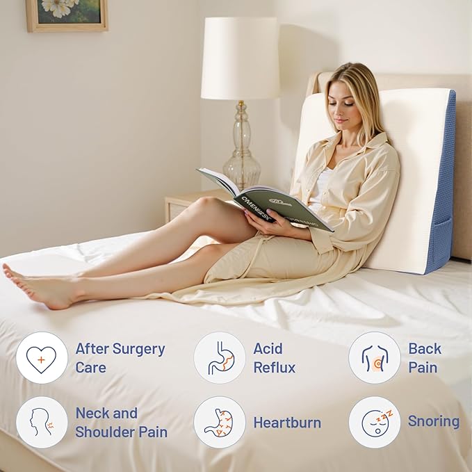 Wedge Pillow for Headboard, 7.5’’ Triangle Elevated Bed Wedge Pillow for Acid Reflux Relief, Sleeping, Post Surgery, Back Pain Relief, Snoring, Soft Memory Foam Top & Washable Breathable Cover, Blue