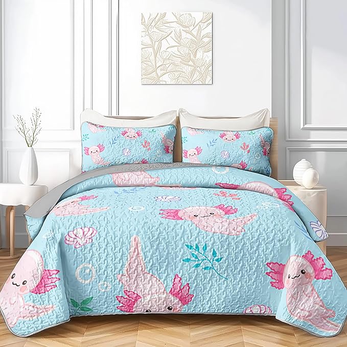 QOOMO Axolotl Quilt Set King Size,Kawaii Salamander Bedspread Coverlet Set,Ocean 3Pcs Bedding Set Printed Quilt with 2 Pillowcases,Soft and Lightweight,for All Seasons