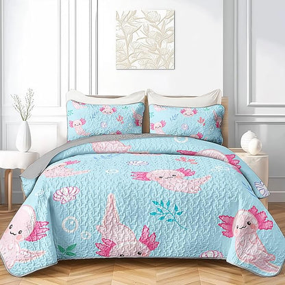 QOOMO Axolotl Quilt Set Twin Size,Kawaii Salamander Bedspread Coverlet Set,Ocean 3Pcs Bedding Set Printed Quilt with 2 Pillowcases,Soft and Lightweight,for All Seasons
