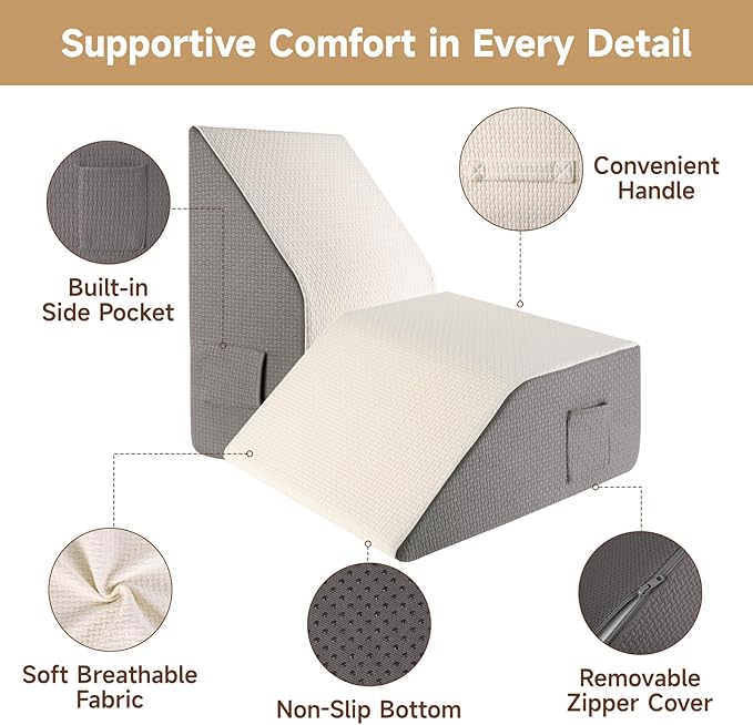10" Leg Elevation Pillow, Leg Wedge Pillow for Swelling and Blood Circulation, Leg Pillow for After Surgery Recovery, Knee Hip Ankles Back Pain Relief, Knee Pillow for Sleeping, Removable Cover, Grey