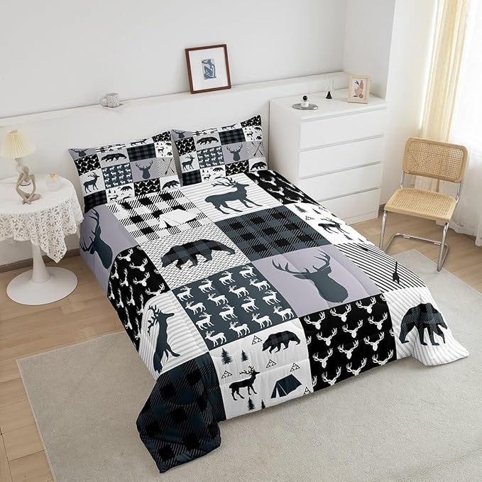 Feelyou Rustic Deer Bear Comforter Set Full, Camping Hunting Comforter Set for Kids Western Farmhouse Comforter Bear Antler Silhouette Duvet Set Breathable Quilt Set 3Pcs