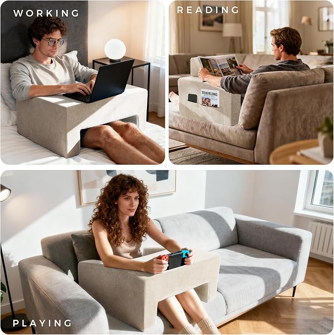 Reading Pillow for Gaming Lap Desk Pillow for Laptop with Pocket Foldable Memory Foam Bed Desk for Reading Working Crocheting Gaming Arm Rest on Bed/Sofa/Floor/Couch/Car (Beige Foldable)