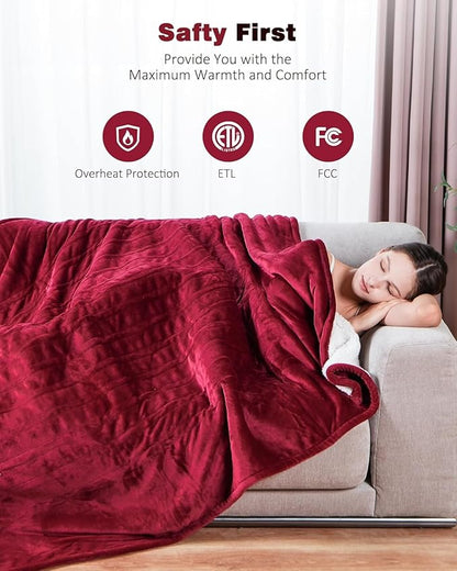 Heated Blanket Throw, Wearable Heated Blanket Two Buttons, 50x60 Inches Soft Flannel Electric Throw, 9 Heating Levels & 10 Options Auto Off, for Home, Office (Red)