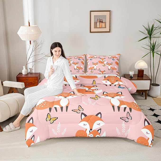 Erosebridal Kids Cartoon Fox Bedding Set Full Size,Multicolor Butterfly Comforter Set Boys Girls Woodland Fox Quilt Duvet Teens Wildlife Animal Down Comforter with 2 Pillow Shams,3Pcs Pink Orange