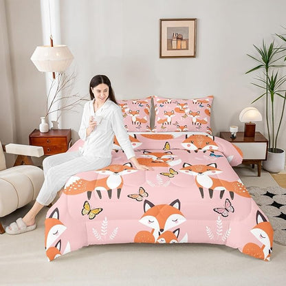 Erosebridal Kids Cartoon Fox Bedding Set Queen Size,Multicolor Butterfly Comforter Set Boys Girls Woodland Fox Quilt Duvet Teens Wildlife Animal Down Comforter with 2 Pillow Shams,3Pcs Pink Orange
