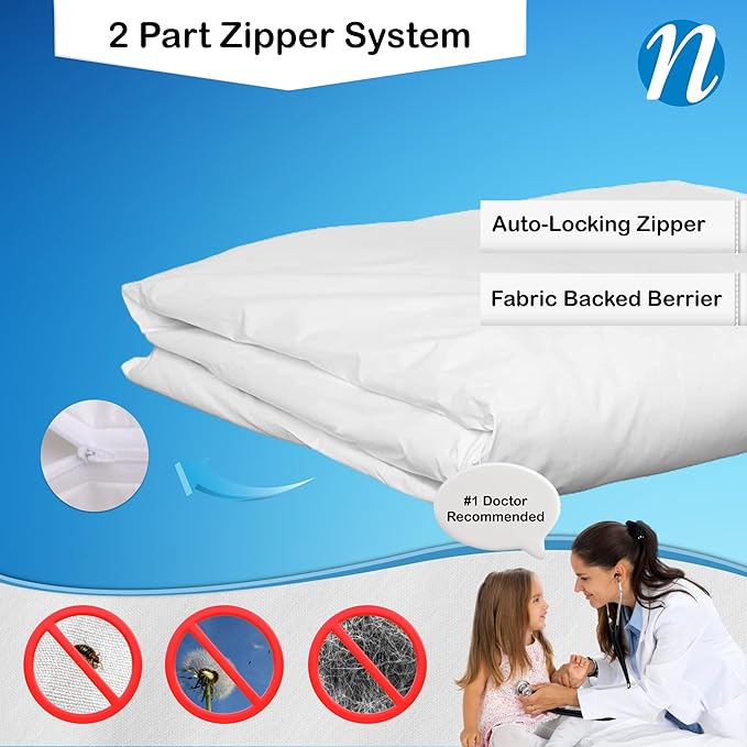 National Allergy Premium 100% Cotton Duvet Comforter Protector - Twin Size - 66" x 86" - White - Breathable 300 Thread Count Hypoallergenic Cover - Zippered Encasement - Bedding Linen