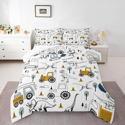 Feelyou Construction Comforter Set Twin Kids Cartoon Car Excavator Tractor Toddler Comforter Equipment Trucks Dinosaur Comforter Set Construction Vehicles White Yellow Duvet Set with 1 Pillow Case