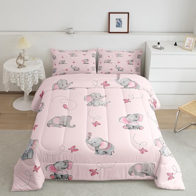 Cute Elephant Full Size Comforter Set,Pink Butterfly Cartoon Wildlife Reversible Bedding Set Bedroom Collection,Watercolor Grey Animal Kawaii Soft Quilted Duvet for Girls Teens