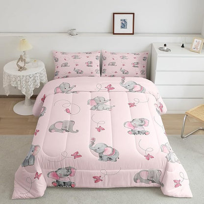 Cute Elephant Kids Comforter Set Toddler Size,Pink Butterfly Cartoon Wildlife Reversible Quilt Set for Boys Bedroom Decor,Watercolor Grey Animal Kawaii Duvet Insert,1 Pillowcase