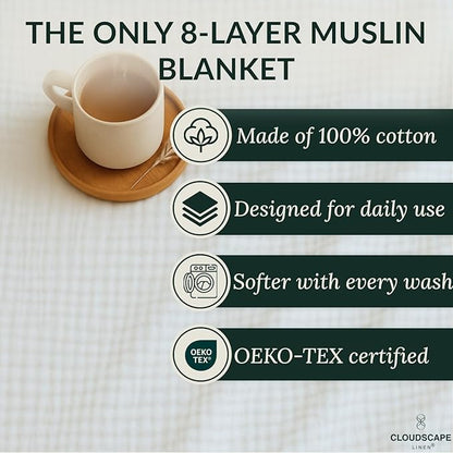 Cloud Scape Linen Extra Large 8 Layer Muslin Throw Blanket - 100% Cotton Gauze, Soft and Breathable, Winter Blanket for Couch, Sofa and Bed, Idea, 50x70, White