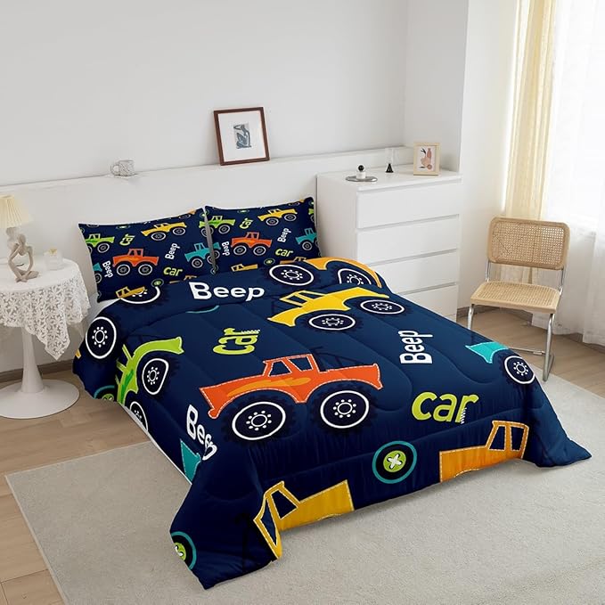 Feelyou Cartoon Car Bedding Set Construction Kids Comforter Set Boys Girls Equipment Trucks Decor Comforter Microfiber Cartoon Car Excavator Tractor Duvet Set Bedroom Quilt Set Full