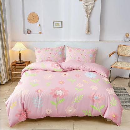 Pink Flower Duvet Cover Sets Full Size for Girls Kids, Pink Floral Comforter Cover with 1 Duvet Cover 79x90 Inches and 2 Pillowcases 20x26 Inches (Full,No Comforter)