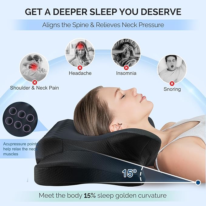 Cervical Pillow for Neck Pain Relief - Cooling Ergonomic Dual-Sided Orthopedic Neck Pillow with Ice Silk Pillowcase, Breathable Memory Foam Contour Pillow for Side, Back, Stomach Sleepers,All Black