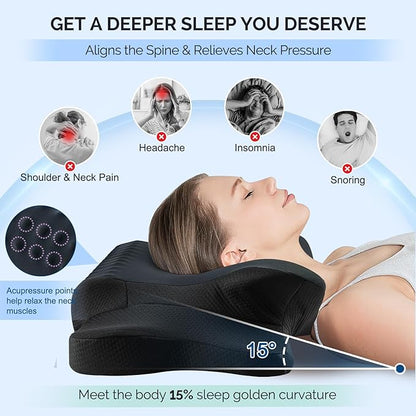 Cervical Pillow for Neck Pain Relief - Cooling Ergonomic Dual-Sided Orthopedic Neck Pillow with Ice Silk Pillowcase, Breathable Memory Foam Contour Pillow for Side, Back, Stomach Sleepers,All Black
