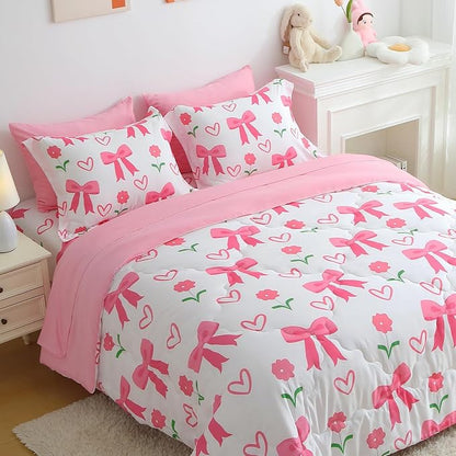 Pink Bow Comforter 7 Pieces Comforter Set Twin Size Pink Flower Bow Comforter for Girls Kids Romantic Princess Style Bow Tie Bedding Set Super Soft All Season