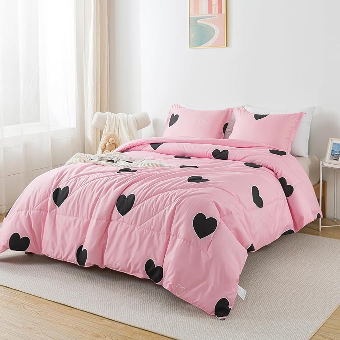 Caressma Blush Pink Love Comforter Set Queen Size, Cute Heart Pattern Bedding Comforter for Girls Women, 3 Pieces Soft Microfiber Fluffy Lovely Comforter Set for All Seasons Room Decor
