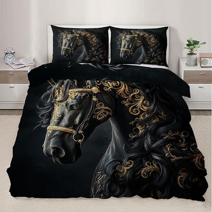 Black Horse Duvet Cover Twin Ancient Warhorses Bedding Set 2 Piece for Kids Bedroom Noble Gold Foil Horse Comforter Cover with Zipper Ties & 1 Pillowcases
