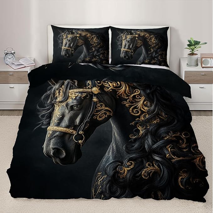 Black Horse Duvet Cover King Size, Ancient Warhorses Bedding Set 3 Piece Bedroom Decor Noble Gold Foil Horse Comforter Cover with Zipper Ties & 2 Pillowcases