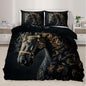 Black Horse Duvet Cover King Size, Ancient Warhorses Bedding Set 3 Piece Bedroom Decor Noble Gold Foil Horse Comforter Cover with Zipper Ties & 2 Pillowcases