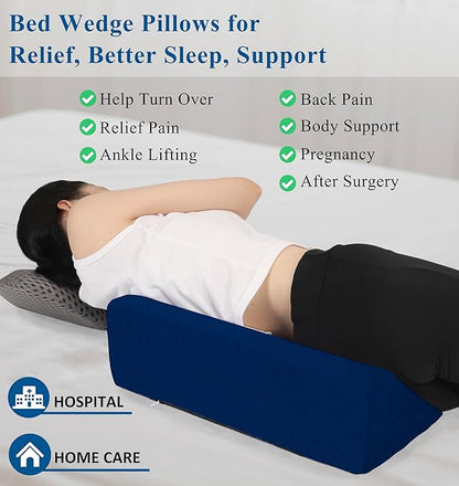 Bed Wedge Pillow for Side Sleeping Sponge Filled Body Positioning Triangle Pillow Suitable for Pregnancy and Surgery Prevent Bed Sore for Leg and Back Support with Pillow Case (Navy Blue)