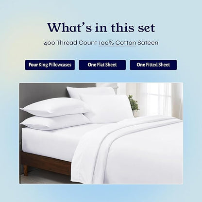 California Design Den 6 Pc King Size Sheet Set with 4 Pillowcases - Soft 400 Thread Count 100% Cotton Sheets, Sateen, Deep Pockets with All Around Elastic, Durable Bedding Set - White