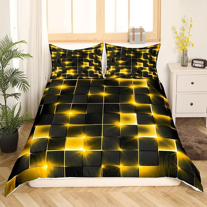 Castle Fairy Duvet Cover Queen Size,3D Modern Abstract Square Grid Duvet Cover Set for Children Adult,Golden Neon Light Geometric Print Soft Comforter Cover for Dorm Room, Zipper, Ties