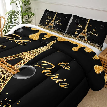 Black Gold Paris Eiffel Tower Comforter Set,Romantic Paris Queen Comforter Set for Women Couple,Girls Butterfly Eiffel Tower Print Bedding Set,Modern French Paris Quilt Set