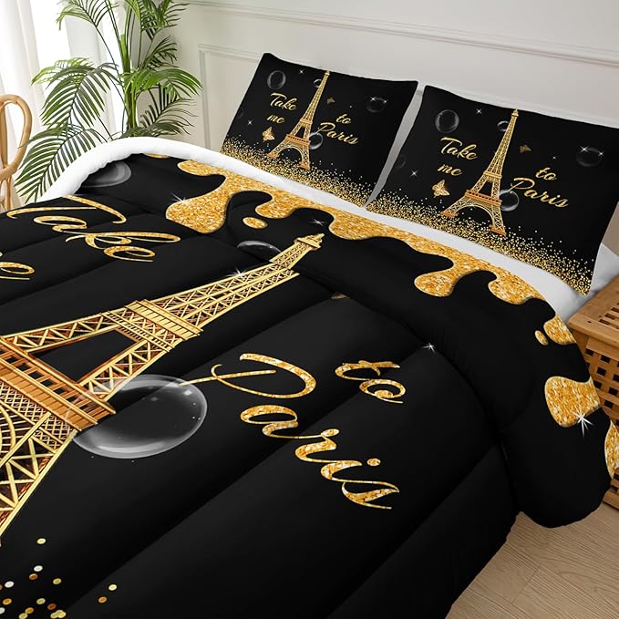 Black Gold Paris Eiffel Tower Comforter Set,Romantic Paris Twin Comforter Set for Women Couple,Girls Butterfly Eiffel Tower Print Bedding Set,Modern French Paris Quilt Set