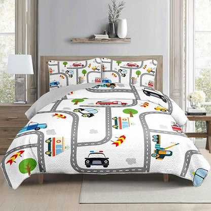 AILONEN Boys Kids Cartoon Truck Quilt Set Twin Size, Soft Microfiber,Construction Trucks Bedspread Coverlet 3Pcs,Car Road Pattern Bed Cover,2 Pillowcases
