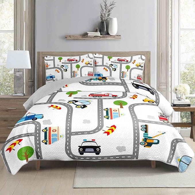 AILONEN Boys Kids Cartoon Truck Quilt Set Queen Size, Soft Microfiber,Construction Trucks Bedspread Coverlet 3Pcs,Car Road Pattern Bed Cover,2 Pillowcases
