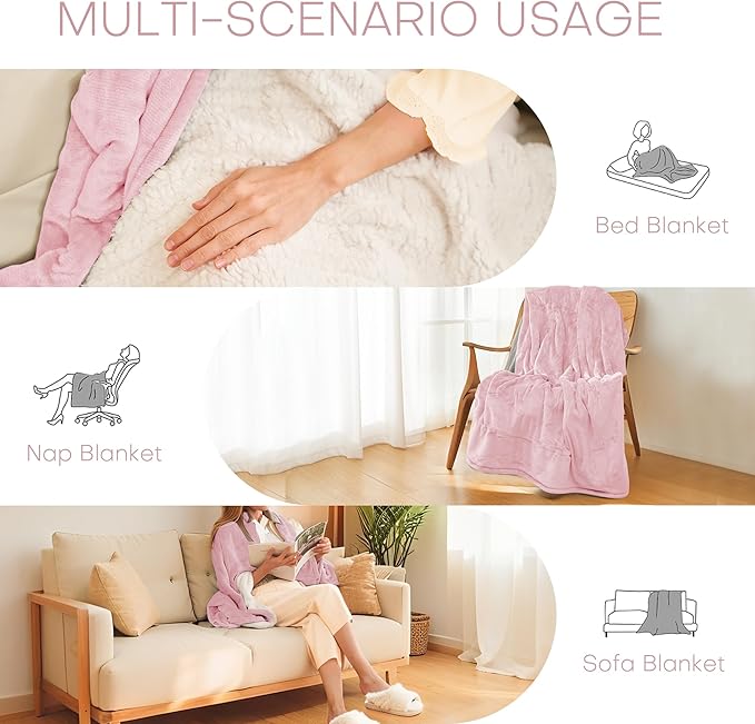 Electric Heated Blanket Twin Size 62"x84" - Flannel & Sherpa Fabric Dual-Sided, 6 Heat Settings & 10 Hours Auto Off, Soft & Cozy Warming Throw for Home, Office, or Bed, Machine Washable, Light Pink