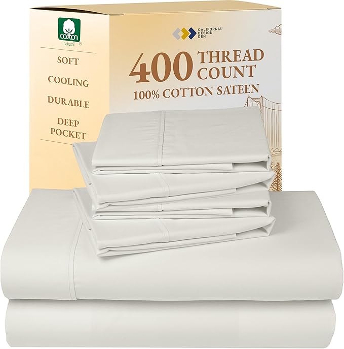 California Design Den 6-Pc King Size Sheet Set with 4 Pillowcases - Soft 400 Thread Count 100% Cotton Sheets, Sateen Weave, Deep Pocket Bedsheets Set - Ivory (Pale Tone)