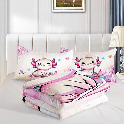 Cartoon Axolotl Comforter Kids Bedding Set,Axolotl Flower Butterfly Bedding Queen Size for Boys Girls Room Kawaii Decor,Pink Toddler Comforter Sets with 2 Pillowcases.