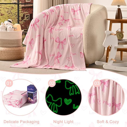Lotus Karen Pink Bow Glow in The Dark Love Blanket Birthday Gifts for Girls 1 2 3 4 5 6 7 8 9 10 11 12 Kids Blanket with Heart Halloween Christmas Girl Gifts Ideas Cute Bedroom Decor（Pink Bow 60"×80"