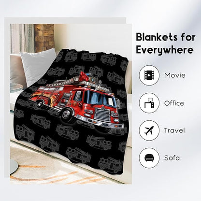 Toddler Blankets for Boys, Cozy Soft Fire Truck Throw Gifts for Kids, Black Flannel Firefighter Blankets for Couch Sofa, 40x50 Inches
