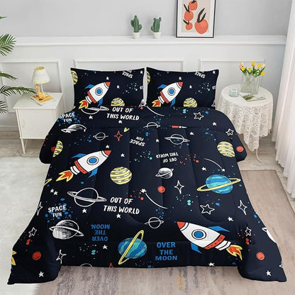 Space Rocket Comforter Set 3D Rocket Printed Bedding Set with 1 Comforter and 2 Pillowcases for Boys and Girls Bedroom All Season(Space-2 Queen)