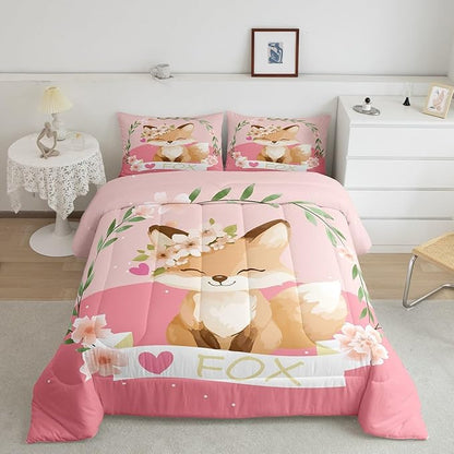 Feelyou Girls Cartoon Fox Comforter Set Cute Fox Bedding Set for Kids Boys Girls Kawaii Animal Duvet Set Botanical Floral Comforter 1 Comforter Set with 2 Pillowcases Queen Size