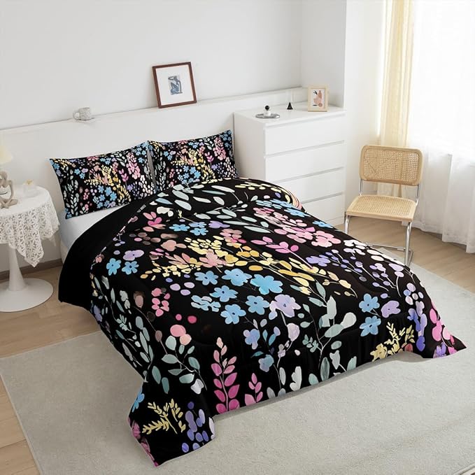 Erosebridal Colorful Flower Queen Bedding Set for Girls Boys Kids,Cute Rainbow Floral Comforter Set Bohemian Home Decor,Watercolor Wildflower Quilt Bed Set Country Flowers Bed Comforter Set 3Pcs