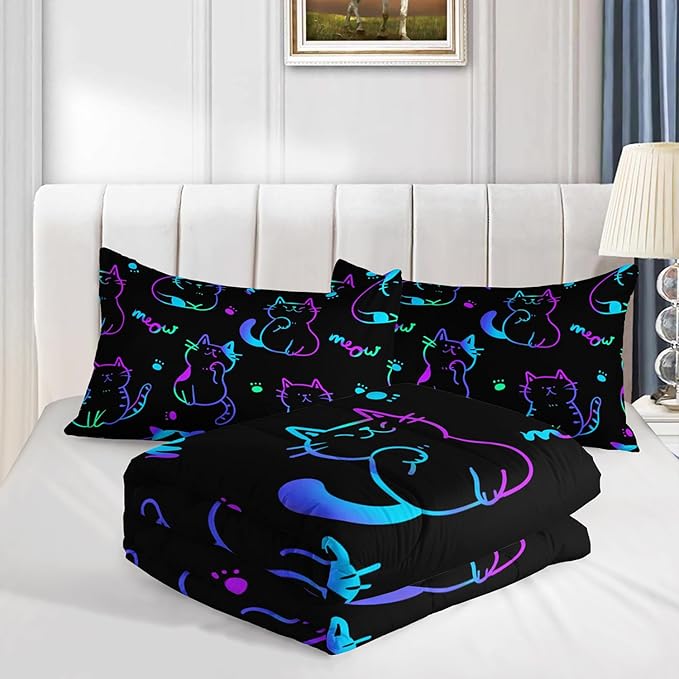3D Neon Cat Kids Comforter Set,Gradient Line Cat Toddler Comforters Full Size for Teens Kids Boys Girls Room Decoration,Black Kawaii Bedding Sets with 2 Pillowcases.