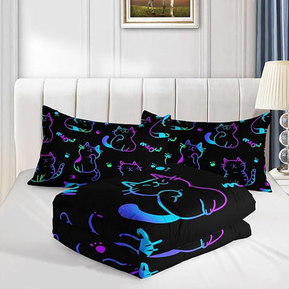 3D Neon Cat Kids Comforter Set,Gradient Line Cat Toddler Comforters Full Size for Teens Kids Boys Girls Room Decoration,Black Kawaii Bedding Sets with 2 Pillowcases.