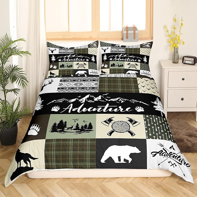 Castle Fairy Deer Antlers Bedding Set Twin Size,Bear Pine Arrow Hunting Adventure Comforter Cover Set for Kids Girls,Camper Retro Green Plaid Checkered Bedding Quilt Cover Set Bedroom Decor, 2 Pcs