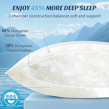 Hungarian White Goose Down Pillows Queen Size 80% Goose Down 20% Goose Feather 900+ Fill Power with 100% Cotton Shell Plush Bed Pillows (20"X30", Pack of 1)