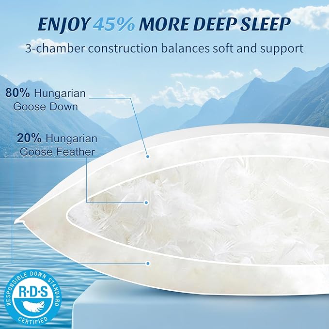 Hungarian White Goose Down Pillows King Size 80% Goose Down 20% Goose Feather 1050 Fill Power with 100% Cotton Shell Plush Bed Pillows (20"X36", Pack of 1)